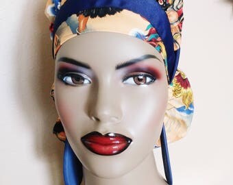 LARGE Blue Aztec Gold Aztec Legend Bouffant surgical scrub hat, dark blue ribbon tie, surgical scrub cap for women tech, nurse RN