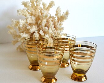 vintage set of four shot glasses barware gold brown striped shot glasses
