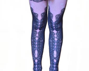 Steampunk Custom Corset Printed Tattoo Tights Vintage Lace Gear Adult Spandex Footed Seamless Leggings Opaque Pink Black Filigree w/ Garter