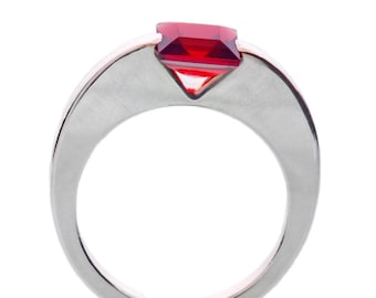 Silver ring round with large square garnet, gifts for you, for women, modern silver ring