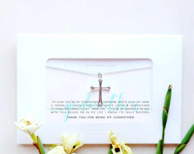 Godmother | Thank You For Being My God Mother | Confirmation Baptism Religious Catholic Gift | Sterling Silver Cross Necklace Message Card