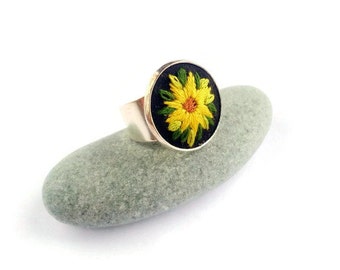 Sunflower ring Spring jewelry gifts|for|women Embroidered ring Flower jewelry Nature jewelry Birthday gift|for|girlfriend Yellow black ring