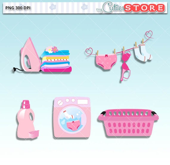 Cartoon Pink its Laundry day Clipart Set Laundry basket Cute