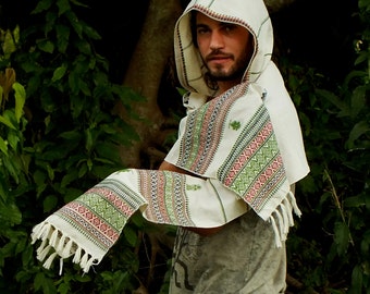 White Hooded Scarf with hood Embroidery Tribal Pattern Gypsy Jungle Nomadic Kashmiri Festival Nomadic Primitive Earthy Rave AJJAYA Ethnic