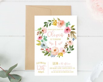 1st Birthday Invitation Floral, First Birthday party invitations, Girl Boho, Garden, Girls, Pink, Digital birthday invite, printed invites