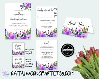 Wedding Invitation Template, DIY Floral Bohemian Wedding Invitation Set, Editable PDF instant download, boho, rsvp, details, thank you,tag,