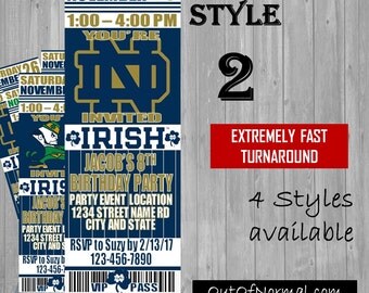Notre Dame Fighting Irish Themed Birthday Invitation Tickets - Football basketball college Birthday Invitations -Personalized invites!