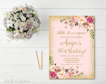 Surprise 50th Birthday Invitation, Any Age Women Birthday Invitation, Floral Blush Pink Women Birthday Invitation, Boho Invite, #BW02-50