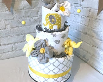 Elephant diaper cake, Yellow Elephant Diaper Cake, Yellow and Gray baby shower, Yellow and Gray Diaper Cake, Elephant baby shower, Elephant