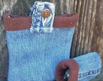 Denim stash bag set, 420 friendly padded pouch set, blue jean pipe pouch and bag set