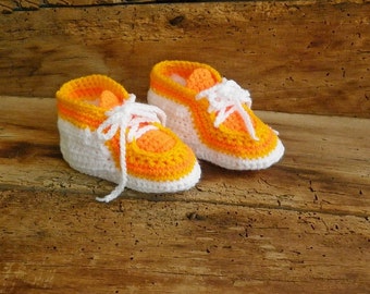 Baby sport shoes, orange sneakers, a newborn boy booties, knitted baby clothes, newborn girl booties, street shoes