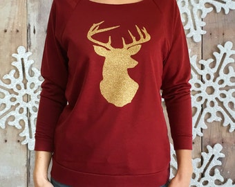 DEER HEAD shirt, womens Christmas shirt, glitter deer shirt, Christmas shirt for women, women deer head shirt