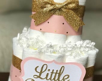 Pink and Gold Diaper Cake, Baby Shower Centerpiece, Baby Shower Decor Gift, Girl Little Princess Pink Gold Tiara Crown Diaper Cake, 2 tier