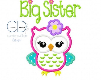 Owl Applique Design, Owl Embroidery Design, Big Sister Embroidery Design, Big Sister Applique Design, Big Sister Owl Applique