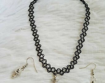 DDLG Pacifier Tattoo choker set with earrings and ring