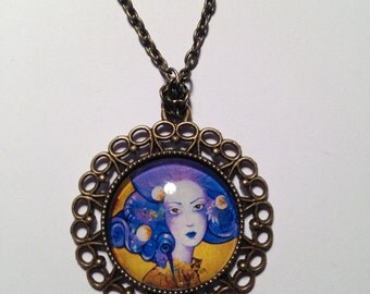 Pendant - Necklace magnifying domed cabochon glass - detail of my painting "POPPY" VERMMEER POP woman portrait chain 27,5 colour bronze old