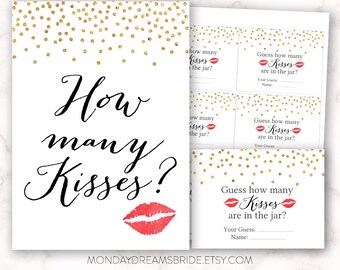 Printable How many Kisses Bridal Shower Game Gold Glitter Confetti, Gold Confetti Gold Glitter Bridal Shower Game, Wedding BRS1A GM001