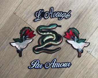 Embriodered Snake Flying Birds w Flowers L' Aveugle Par Amour Patch - Iron on patch - Free Shipping