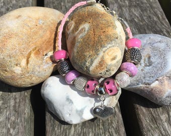 Silver & Pink European Charm Bracelet For New Mum, Pink Leatherette Braid Bracelet, Pandora Style, Mum Charm, Gift For Mum, New Mum Gift