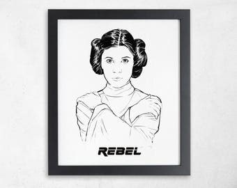 Princess Leia Print in Black and White, Feminist Art Print, Carrie Fisher, Leia Organa, Star Wars Posters, Minimalist Art Print