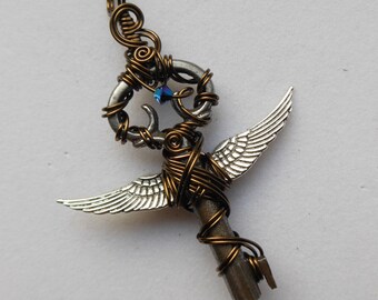 Silver Winged Key Pendant -- Flying Key, Blue-Purple Swarovski Crystal, Wire Wrapped, Harry Potter Flying Key Necklace, Antique Brass Wire