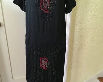 1920s Beaded Dress, 20s Flapper Dress, Black Crepe Gown, Vintage Formal, Antique Beading, Floral Beads, Vintage Gothic, Old Hollywood Style