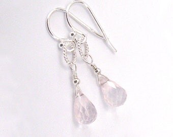 Rose Quartz Gemstone Briolette Earrings, Sterling Silver Petite Drop Earrings Blush Pink