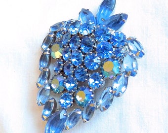 Juliana Strawberry Brooch Blue Rhinestones and Aurora Borealis Vintage D&E Verified