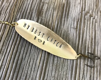 Handmade brass fishing lure personalized gift for him hand stamped fishing anniversary gift groom gift custom mens wedding party gifts