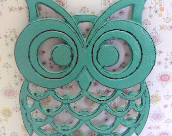 Owl Trivet Hot Plate Rich Medium Aqua Turquoise Shabby Style Distressed Kitchen Rustic Chic Woodsy Decor Aqua Blue Ornate Cast Iron