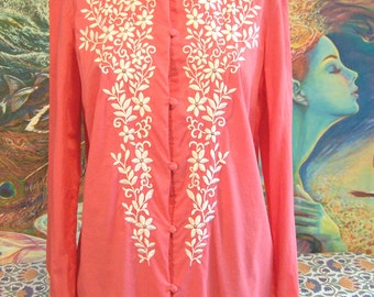 Embroidered blouse, Long sleeve Blouse, Floral embroidered shirt, Coral tunic, size M