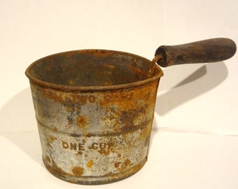 Vintage Flour Sifter 1 Cup Dented Rusty Distressed Kitchen Cabin Home Decor Rustic Cottage Chic