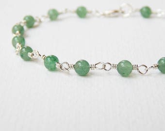 Green Aventurine Bracelet - Sterling Silver Rosary Bracelet Beaded Bracelet Beadwork Bracelet Round Aventurine Bead Bracelet Rosary Chain