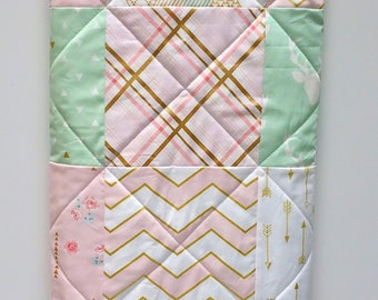 Pink Baby Quilt-Mint-Modern Baby Girl Quilt-Woodland-Brambleberry-Glitz Gold Metallic Shimmer-Chevron-Arrows Patchwork Baby Bedding