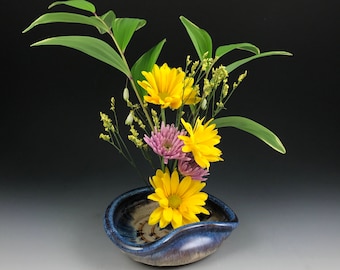 Ikebana Vase - Flower Tray - Flower Dish- Flower Bowl with Blue Glazed Rim - In Stock and Ready to Ship