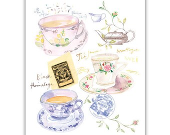 Tea print, Watercolor tea cup painting, Tea poster, Kitchen print, Pastel home decor, Tea art, Blue Kitchen Wall art, Paris decor French art