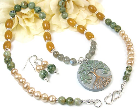 Tree of Life Necklace, Jasper Gemstone Beaded Necklace, Unique Jewelry Set Matching Earrings, Boho Woodland Jewelry, Yggdrasil Tree Necklace