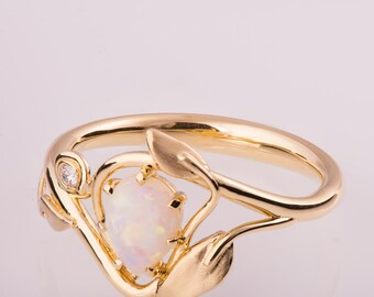 Opal engagement ring, Opal ring, Opal Jewelry, Unique Engagement ring, Australian Opal Ring, Leaves Opal Ring, Leaf Opal Ring, opal diamond
