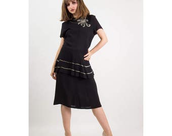 1940s dress / Vintage black rayon peplum dress / Silver sequin trim M L