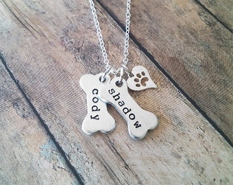 Dog Necklace Personalized // Dog Paw Necklace // Dog Jewelry // Paw Print // Pet Memorial // Dog Bone Charm Necklace // Hand Stamped Jewelry