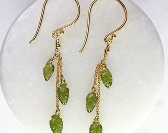 Vesuvianite Leaf Pendant Earrings - Delicate Drop earrings - 24k Gold Plated Silver Vermeil - Green -