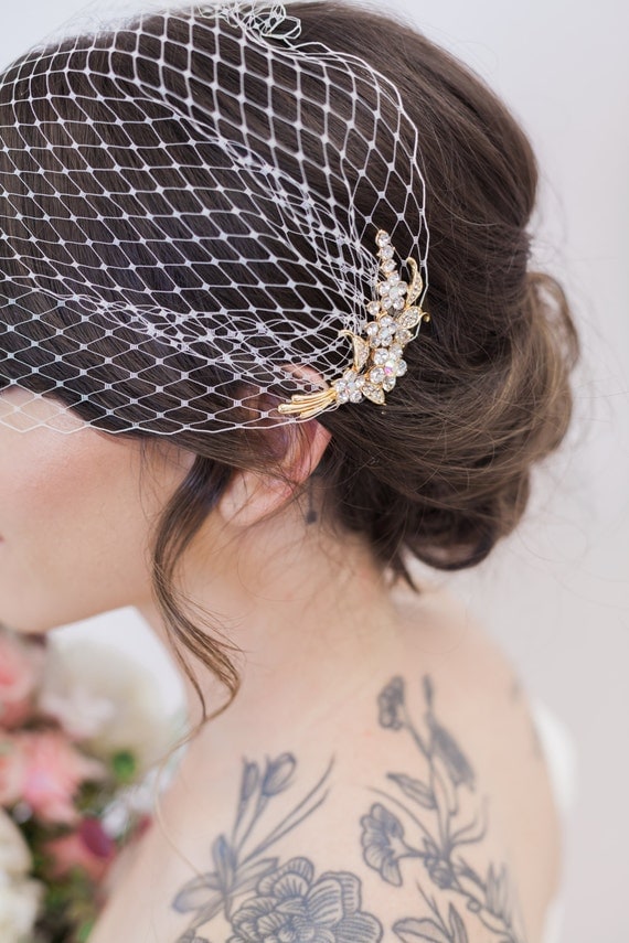 Birdcage Veil And Gold Bridal Comb Bandeau Birdcage Veil