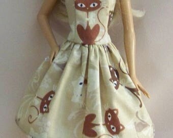 Handmade Barbie Clothes-Beige and Brown Cat Barbie Dress
