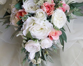 Teardrop, cascade bridal bouquet, wedding flowers, artificial wedding bouquet. Roses, lissianthus, peonies, eucalyptus foliage.