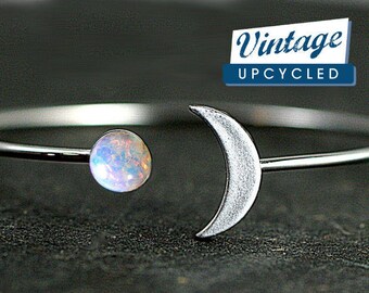 Crescent Moon Bangle with genuine vintage fire opal stone. Hand patinated silver. Fully adjustable. Bangle bracelet.Gift for her.