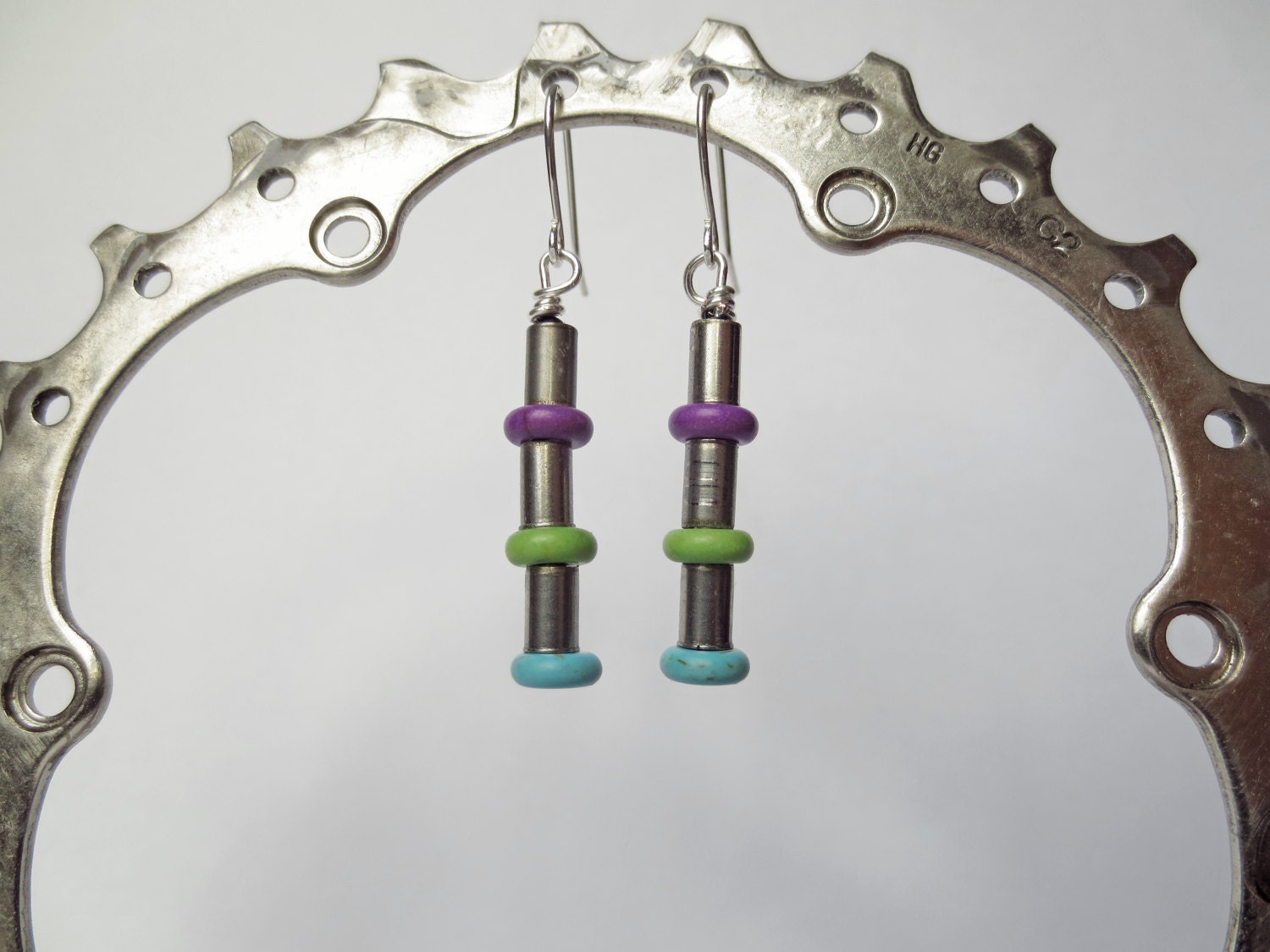 Recycled Hollow Bicycle Chain Pins and Multi Colored Bead