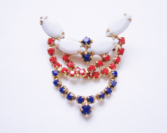 1960s Red White Blue Rhinestone Girandole Brooch / Milk Glass / Cascading / Vintage Jewelry / Jewellery