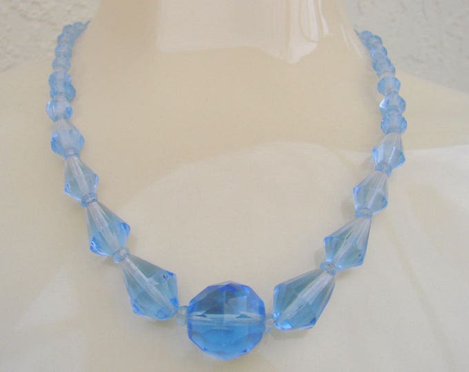 Blue Crystal Glass Bead Necklace / Mid Century / Graduated Beads / Bridal / Wedding / Vintage Jewelry / Jewellery