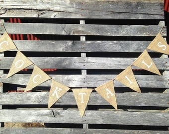 Cocktails Burlap Banner, Rustic Party Banner, Bar Sign, Cocktails Wedding Garland, Burlap Bunting, Personalized Garland, Beverage Sign