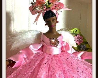 Pastel Pink Angel Tree Topper, Christmas Angel in Pink, African American Angel TreeTop, One of a Kind Black Angel in Pink